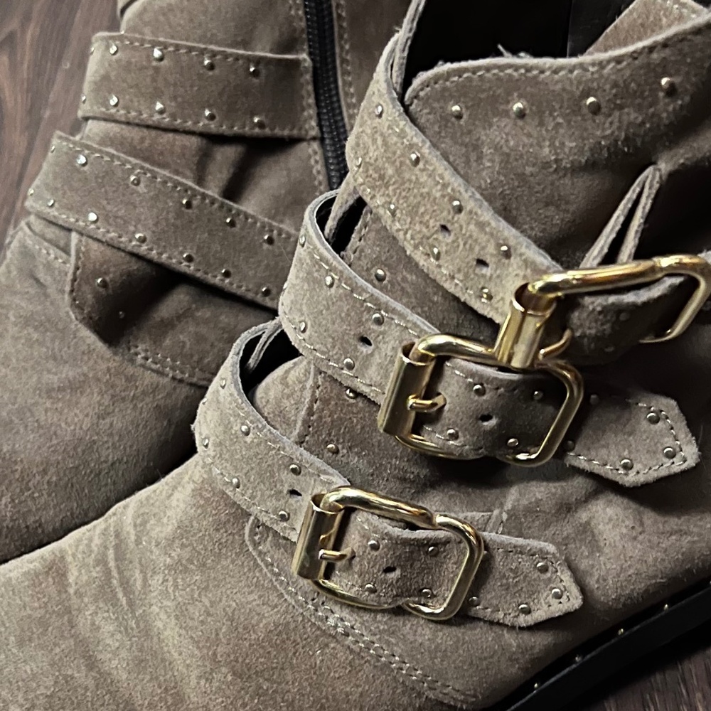 Strappy buckle stud side zip ankle moto boots